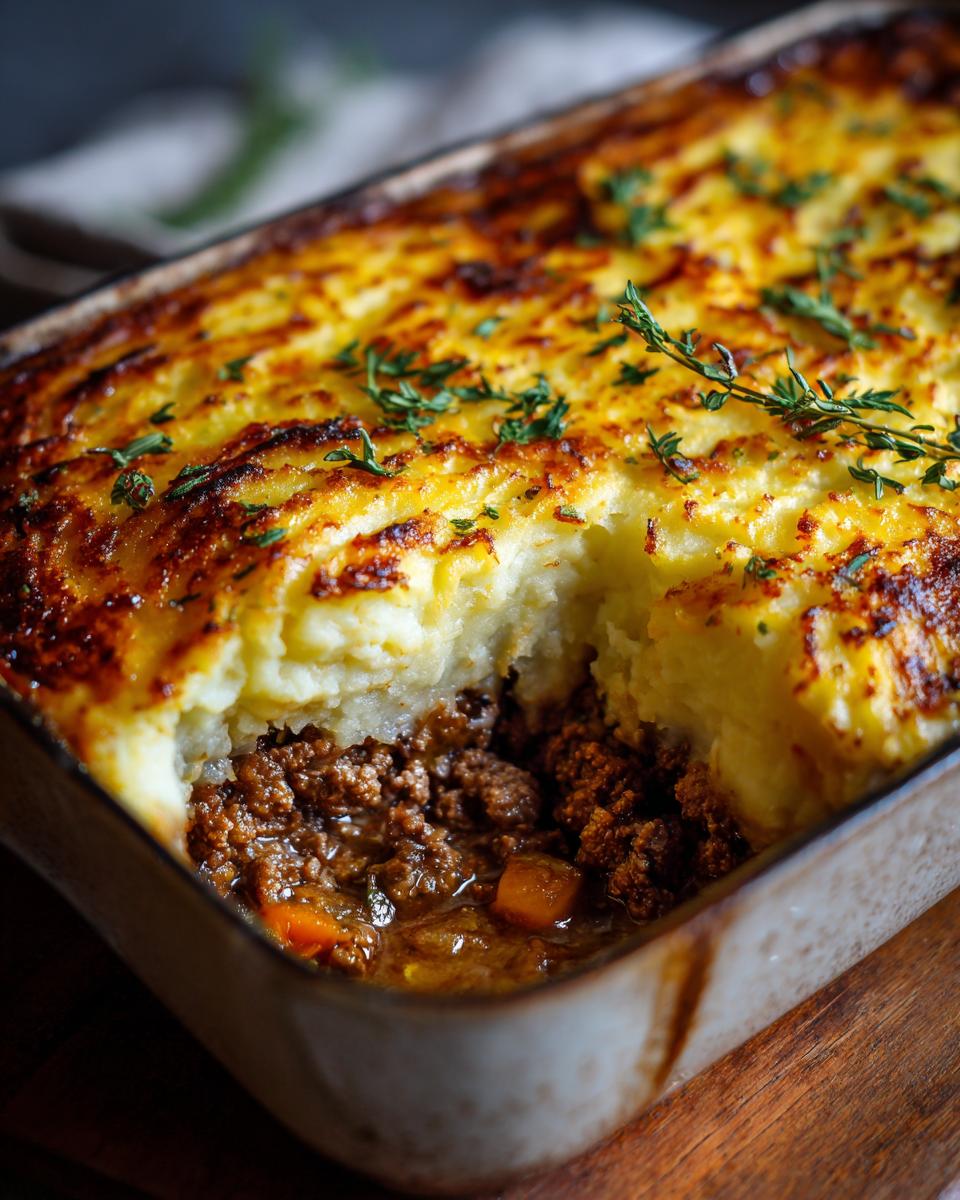 A close-up of a Shepherd's Pie made with ground beef, showing the rich meat filling and creamy mashed potato topping.