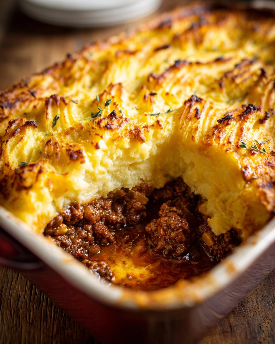 Close-up of a rich and hearty Shepherd's Pie made with ground beef and topped with mashed potatoes.