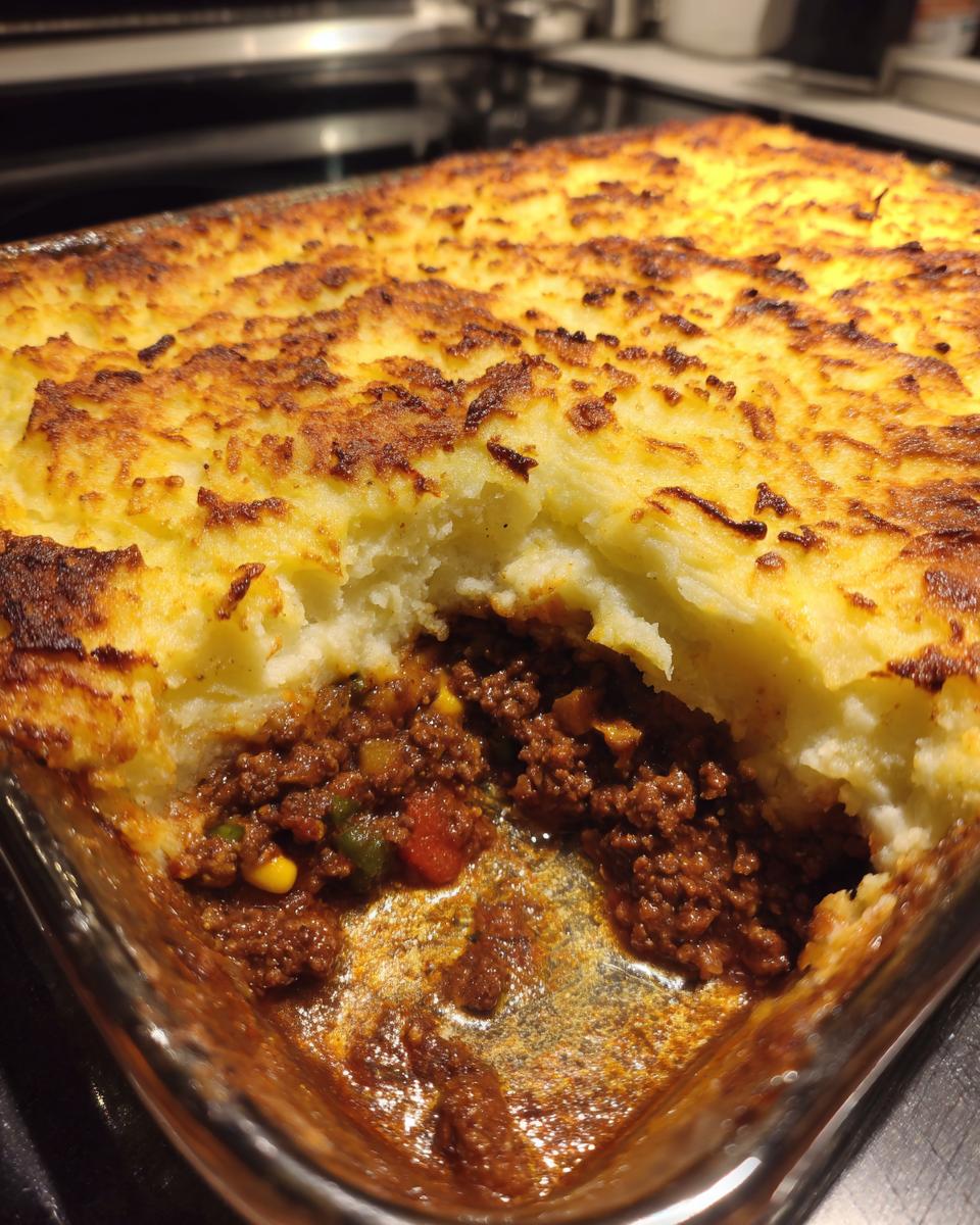 A close-up of a freshly baked Shepherd's Pie, showcasing a rich ground beef filling topped with golden mashed potatoes.