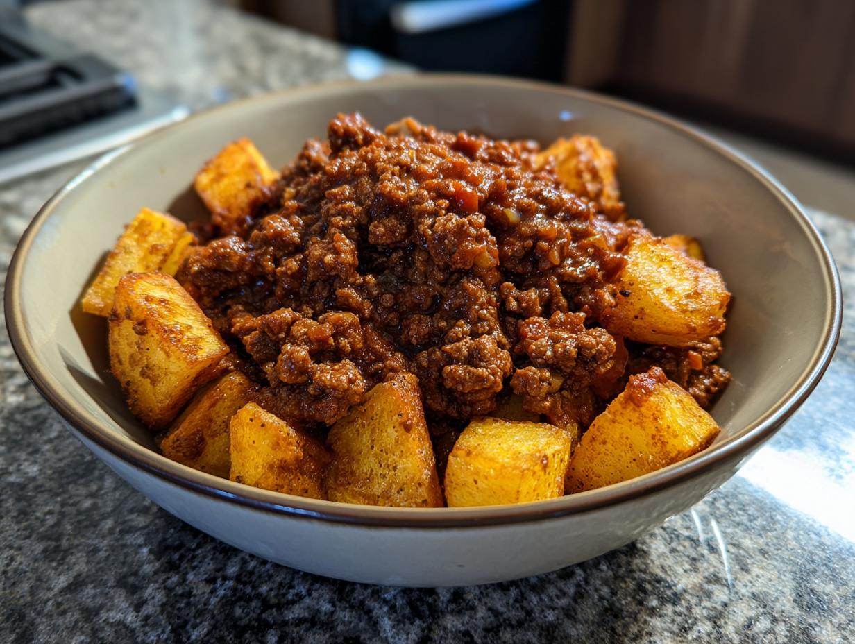 A close-up of a bowl filled with ground beef sloppy joe mixture and crispy potato wedges.
