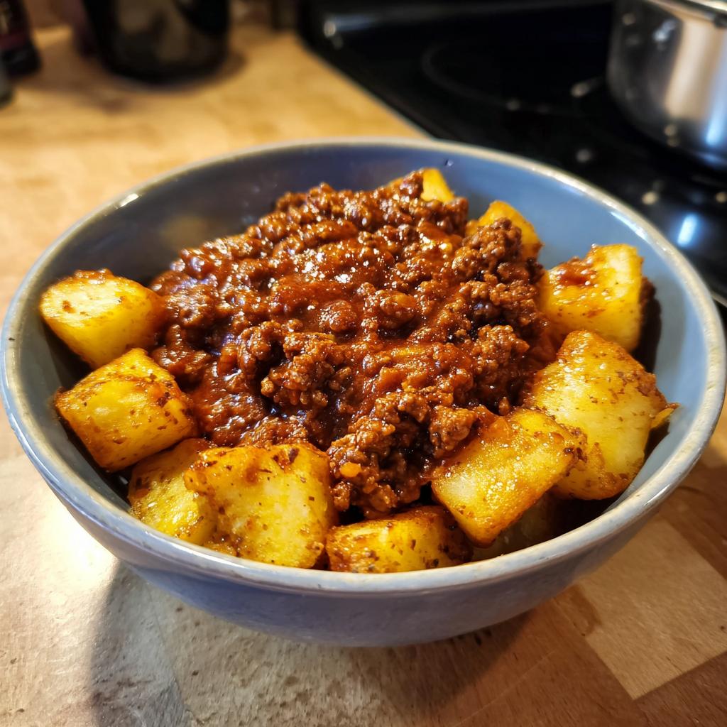 A close-up of a blue bowl filled with crispy potatoes topped with savory ground beef sloppy joe mixture.