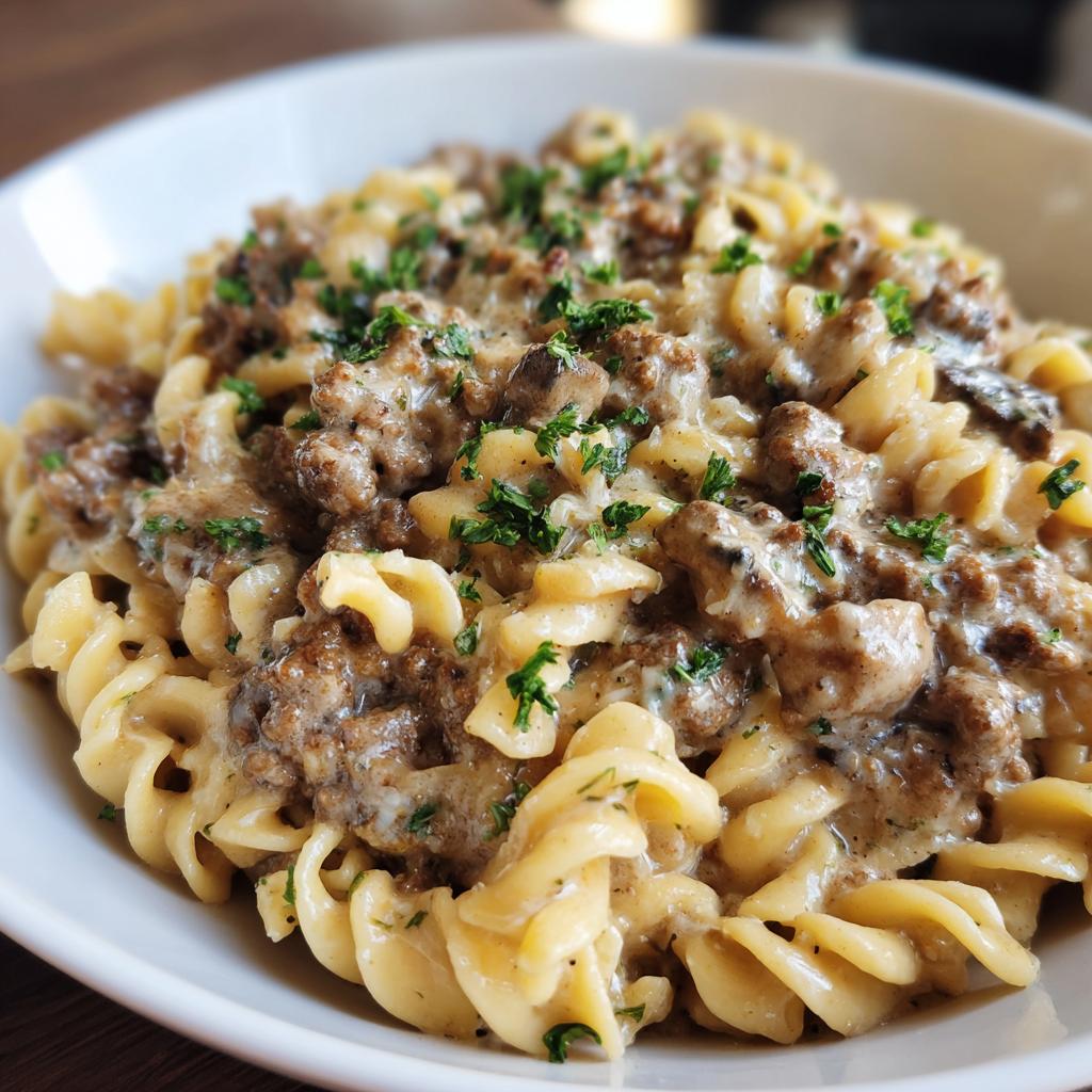 Close-up of creamy ground beef stroganoff mixed with fusilli pasta, garnished with parsley.