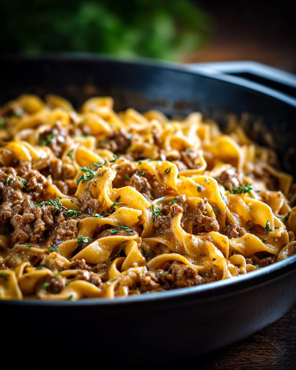 Close-up of a creamy beef stroganoff skillet meal with ground beef and egg noodles, garnished with fresh herbs.