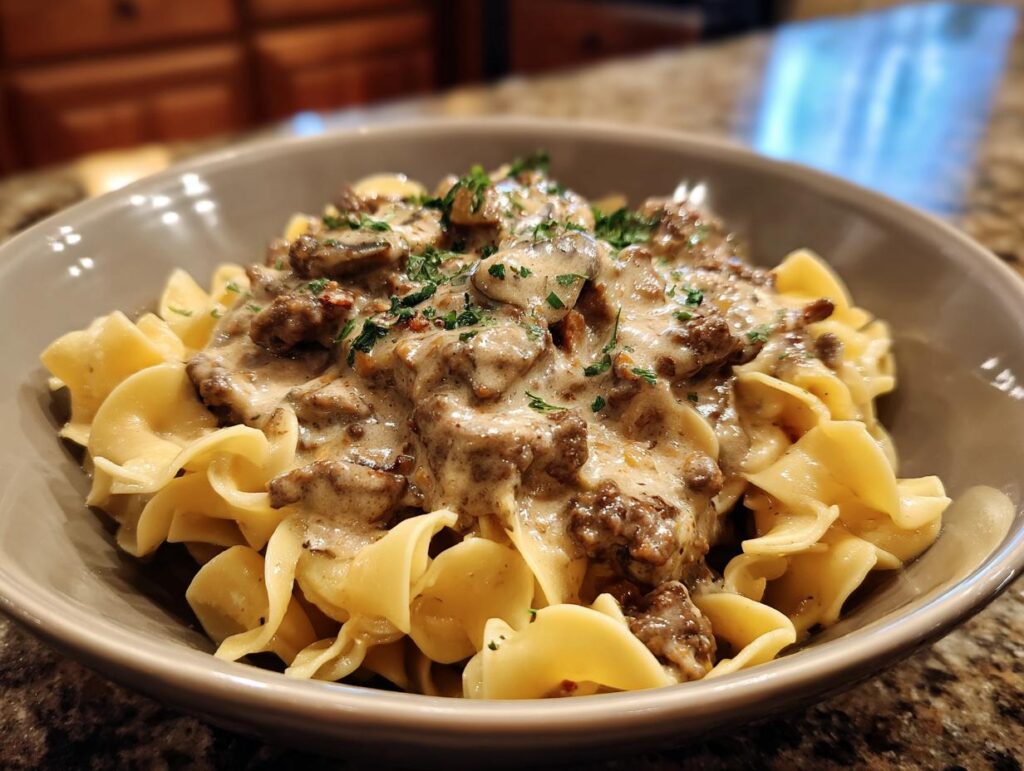 A close-up of a bowl of creamy beef stroganoff served over egg noodles, garnished with parsley. A delicious ground beef recipe.