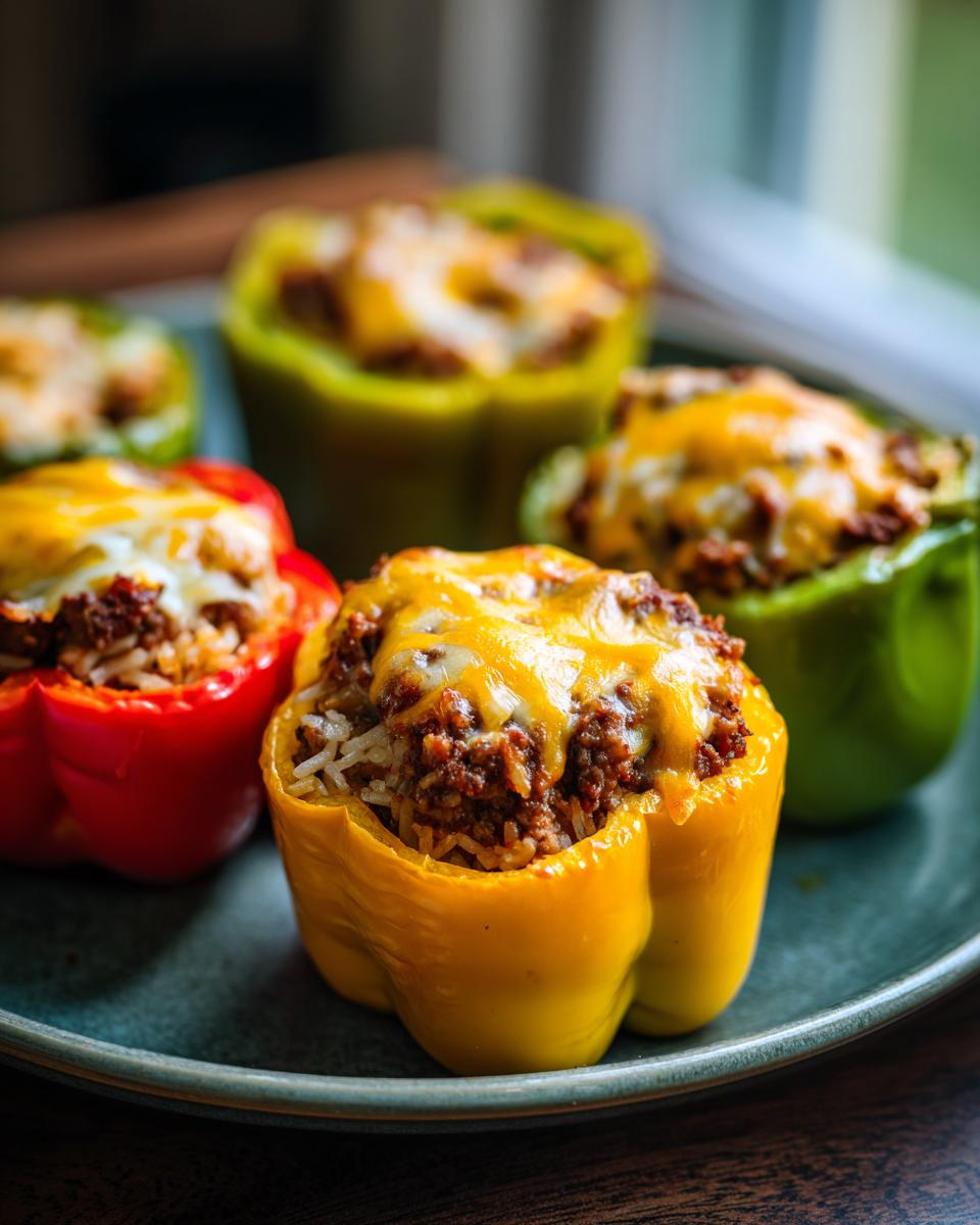 Close-up of colorful stuffed bell peppers filled with ground beef and rice, topped with melted cheese.