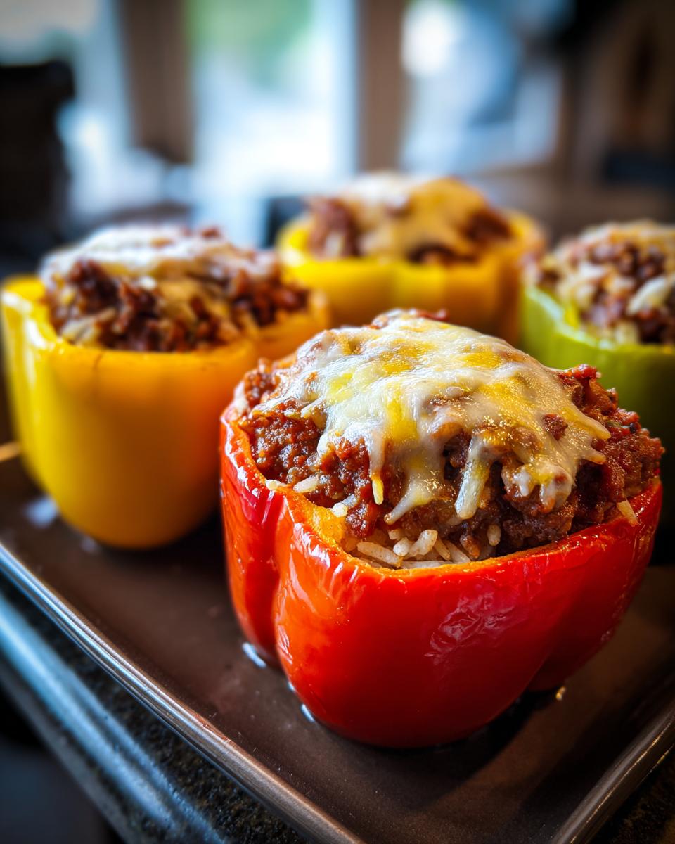 Close-up of colorful ground beef stuffed bell peppers topped with melted cheese.