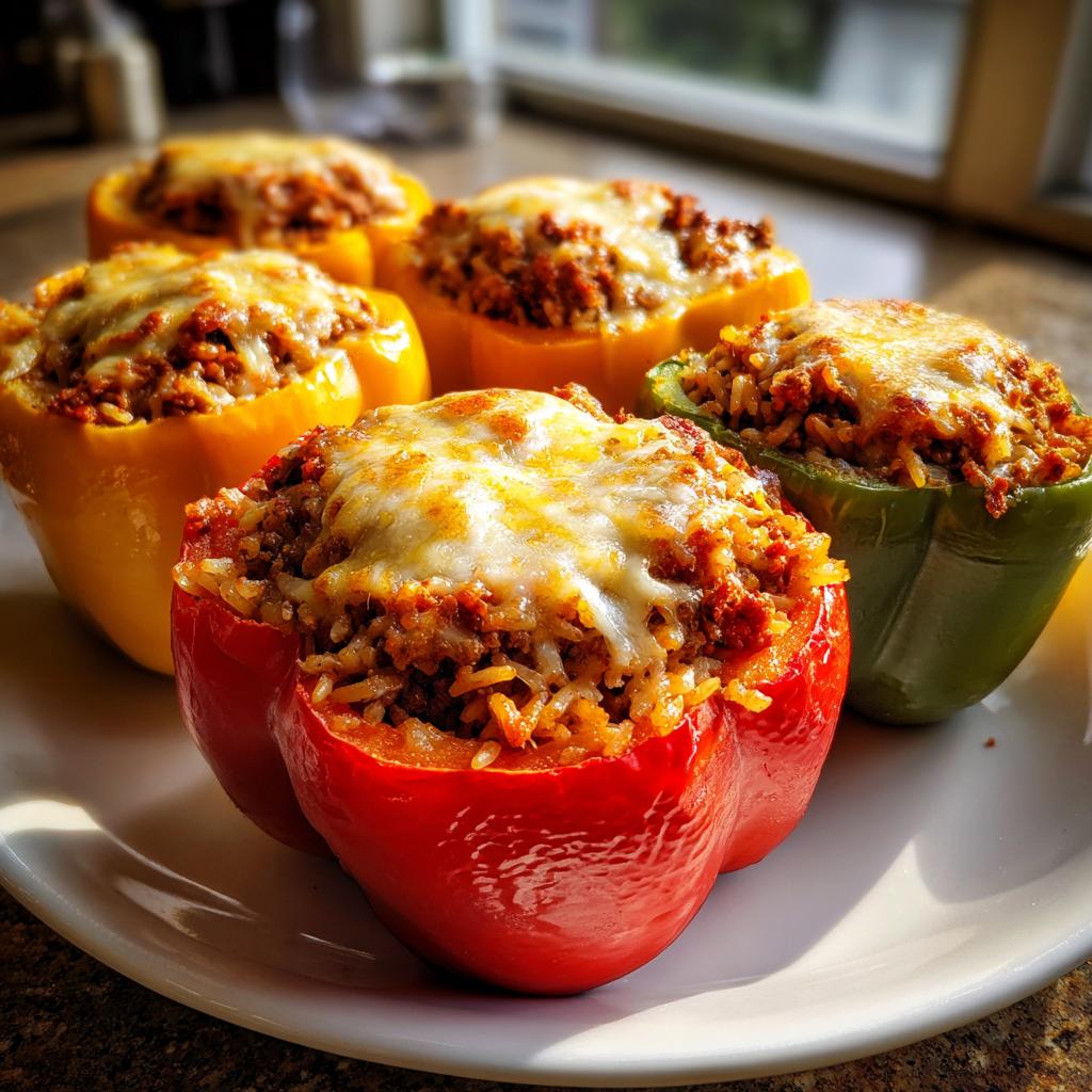 A plate of colorful stuffed bell peppers filled with seasoned ground beef and rice, topped with melted cheese.