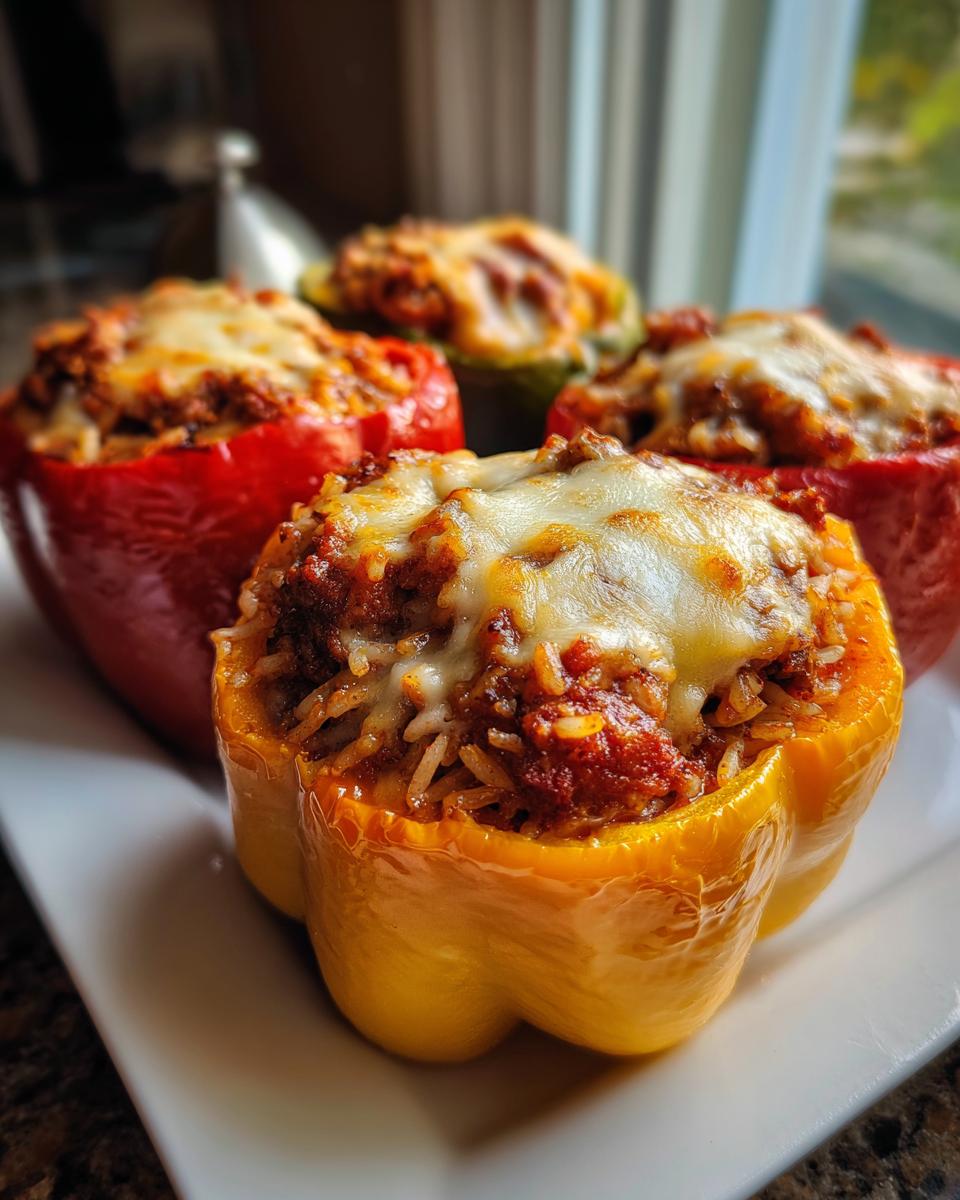 Close-up of colorful stuffed bell peppers filled with ground beef and rice, topped with melted cheese.