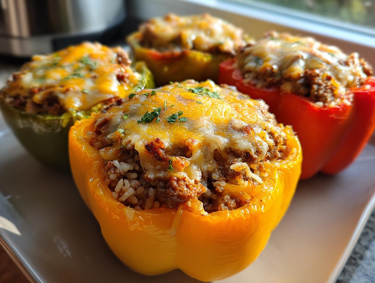 Close-up of colorful stuffed bell peppers filled with ground beef and rice, topped with melted cheese and parsley.