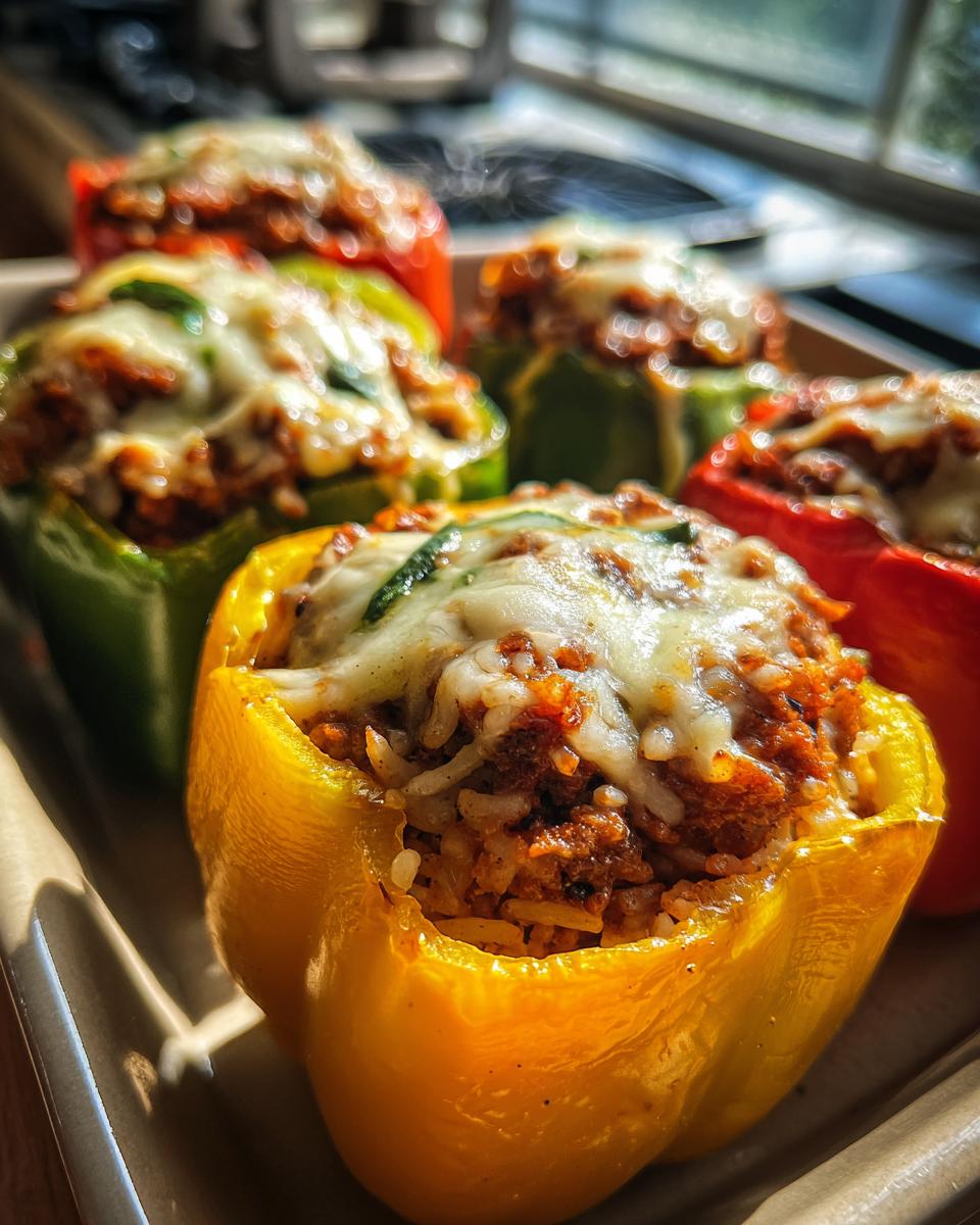 Close-up of colorful stuffed bell peppers filled with ground beef and rice, topped with melted cheese.
