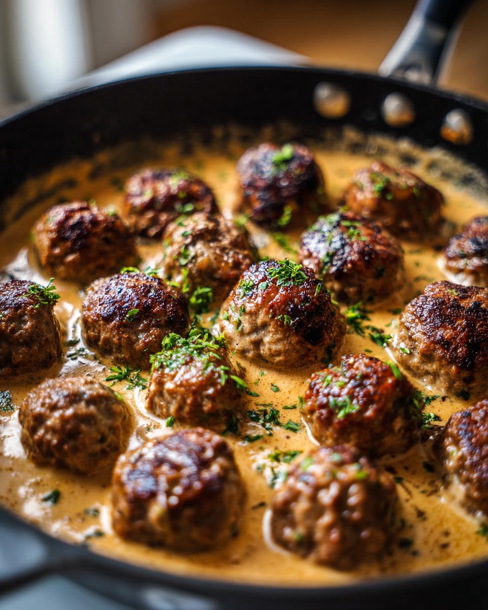 Close-up of juicy Swedish meatballs simmering in a rich, creamy sauce, garnished with fresh parsley.