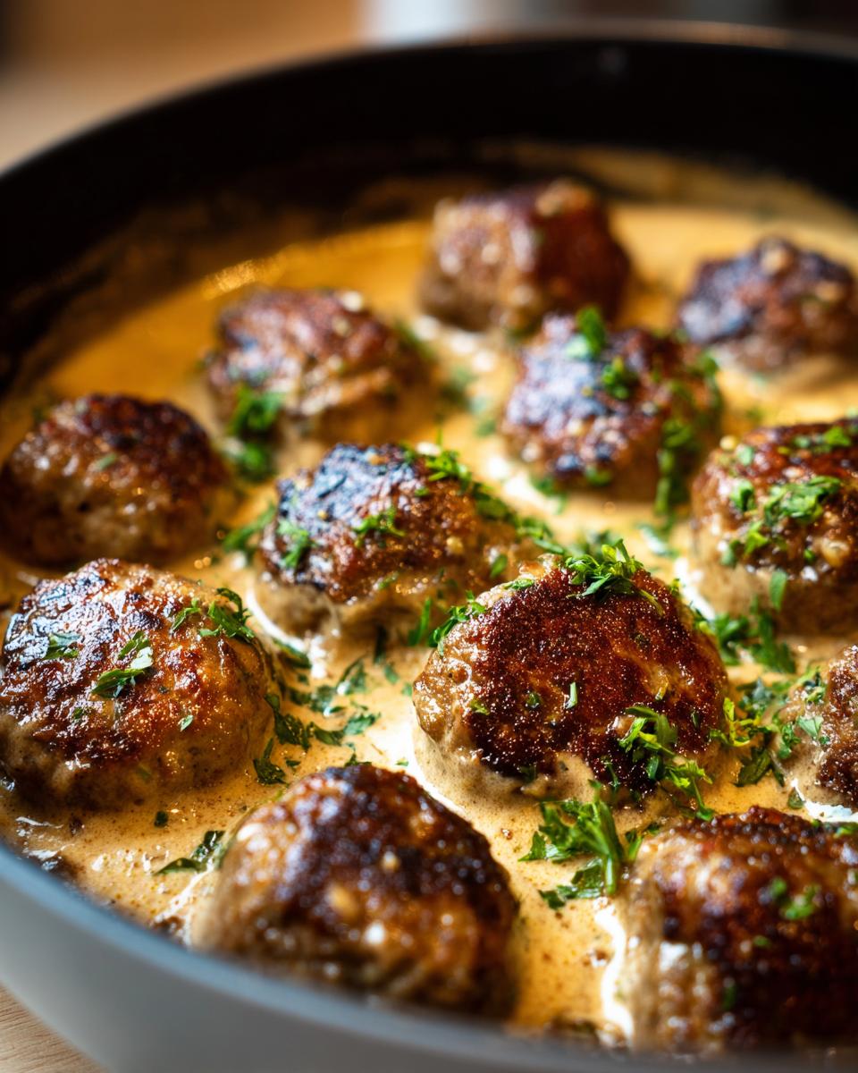 Close-up of delicious Swedish meatballs simmering in a rich, creamy sauce, garnished with fresh parsley.