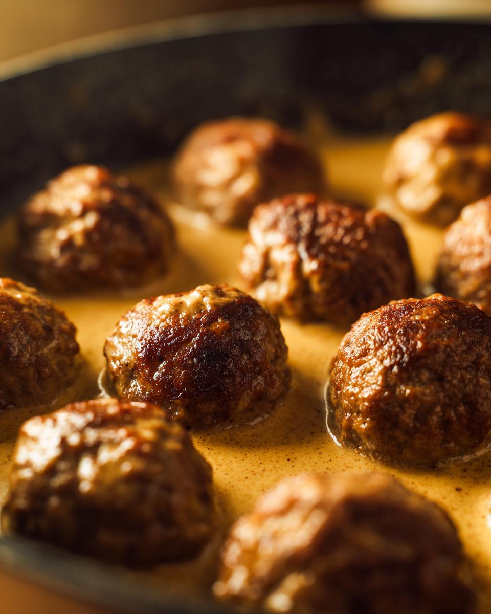 Close-up of juicy Swedish meatballs simmering in a rich, creamy sauce in a pan.