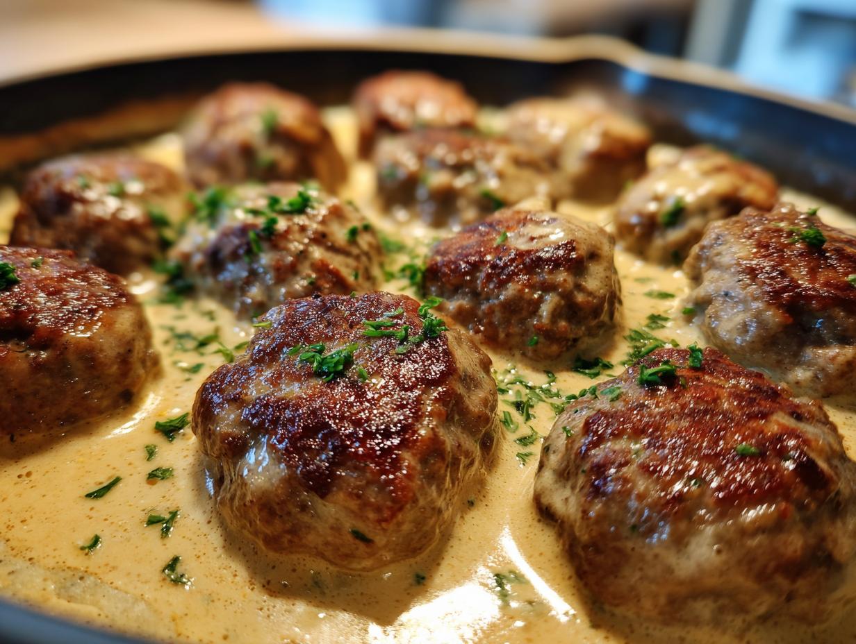 Close-up of delicious Swedish meatballs made with ground beef, simmering in a rich, creamy sauce and garnished with fresh parsley.