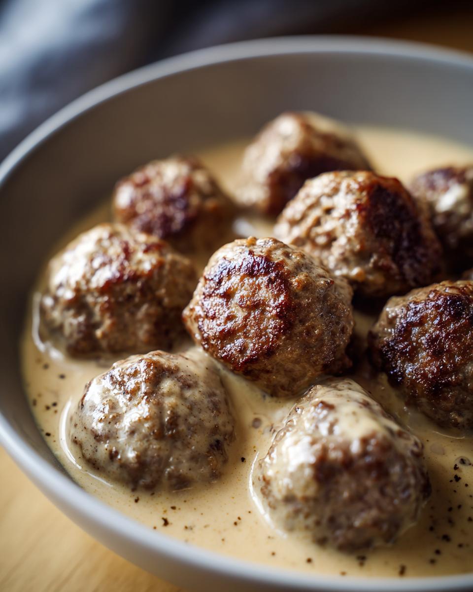 Close-up of juicy Swedish meatballs simmering in a rich, creamy sauce, perfect for ground beef recipes.