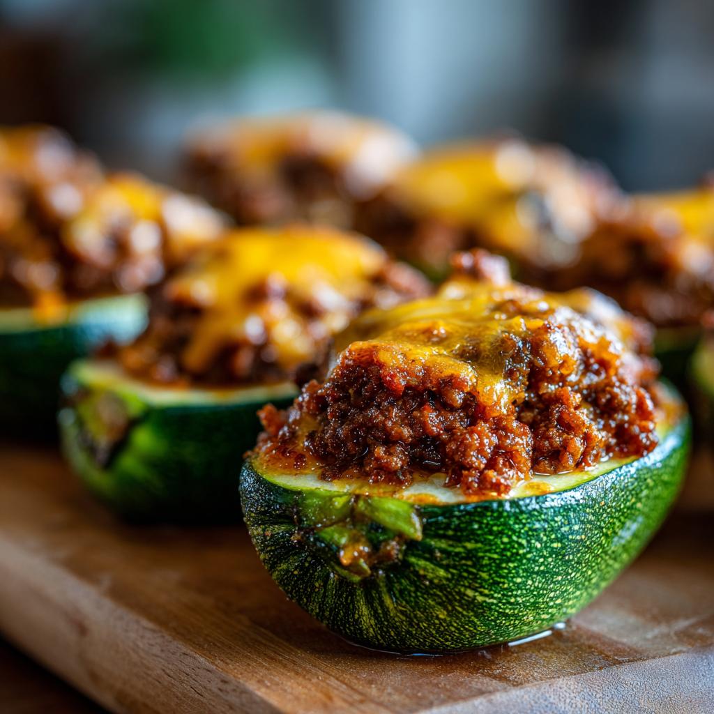 Close-up of baked zucchini boats filled with seasoned ground beef and topped with melted cheese.
