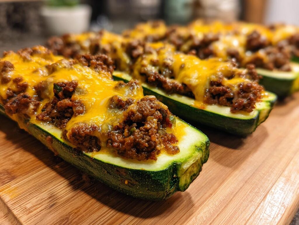 Close-up of baked zucchini boats filled with seasoned ground beef and topped with melted cheddar cheese.