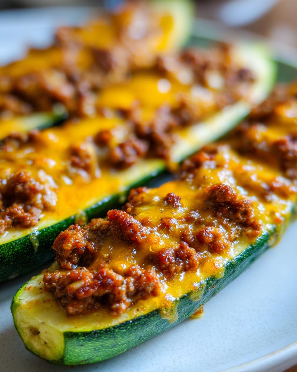 Close-up of baked zucchini boats filled with seasoned ground beef and melted cheese.