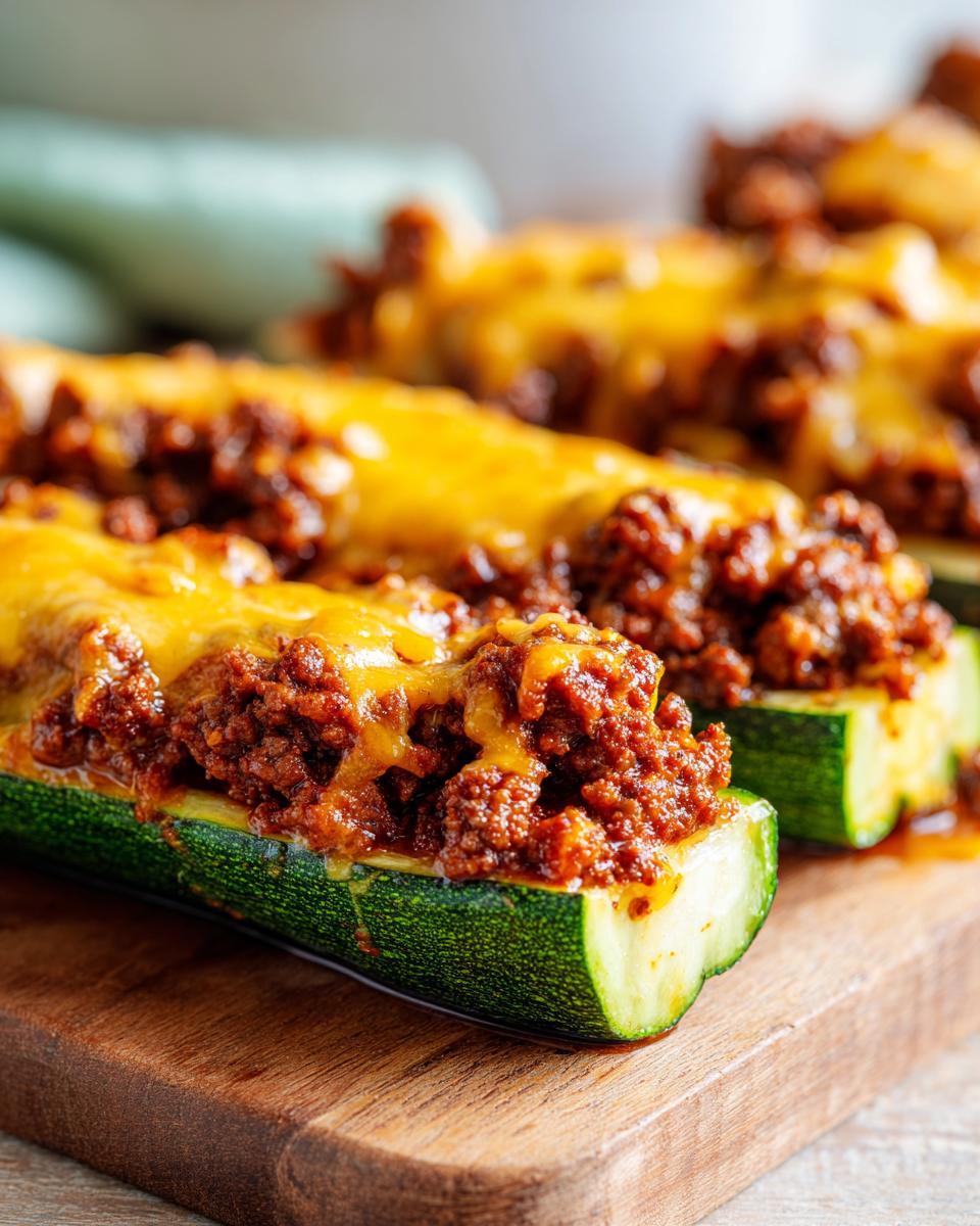 Close-up of baked zucchini boats filled with seasoned ground beef and topped with melted cheese.
