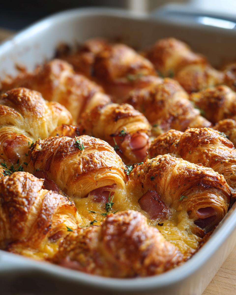Close-up of a baked ham and cheese croissant casserole in a white baking dish, with golden croissants filled with ham and melted cheese.