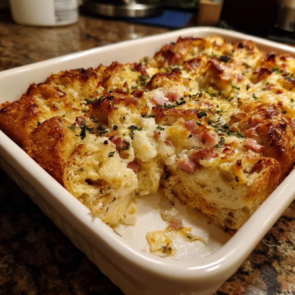 A golden-brown baked ham and cheese croissant casserole with a piece removed, showcasing melted cheese and diced ham.