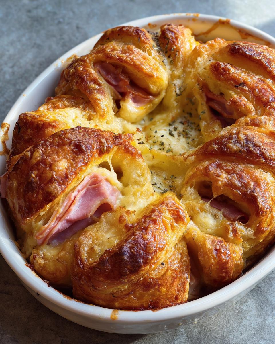 Golden brown baked ham and cheese croissant casserole in a white dish, a delicious breakfast idea.