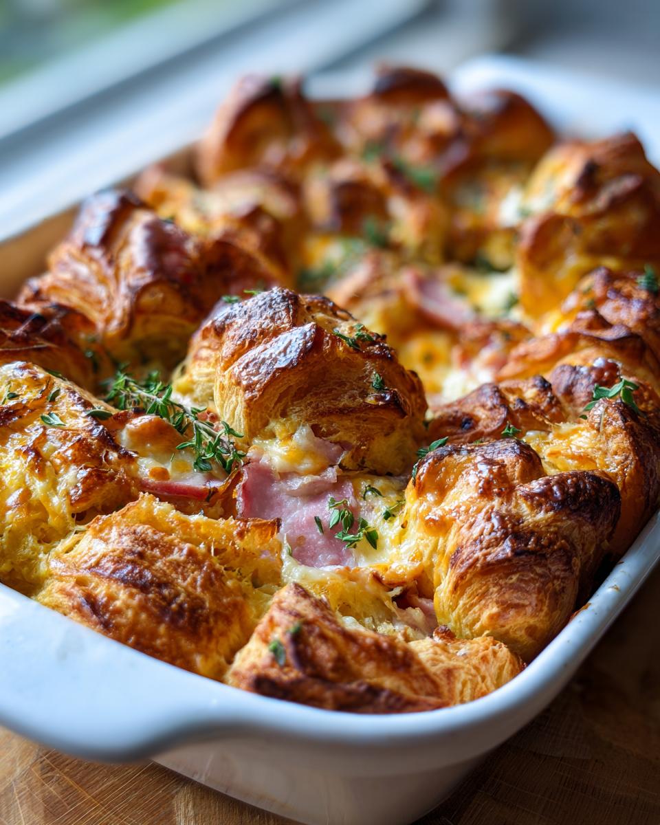 Golden-brown baked ham and cheese croissant casserole with fresh herbs, a perfect breakfast idea.