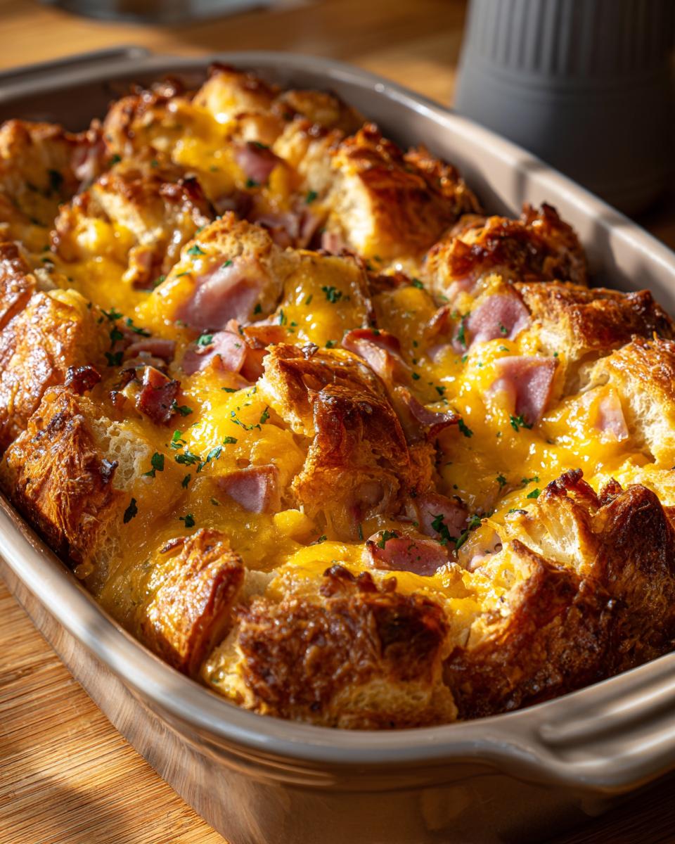 Golden brown baked ham and cheese croissant casserole in a baking dish, sprinkled with parsley.