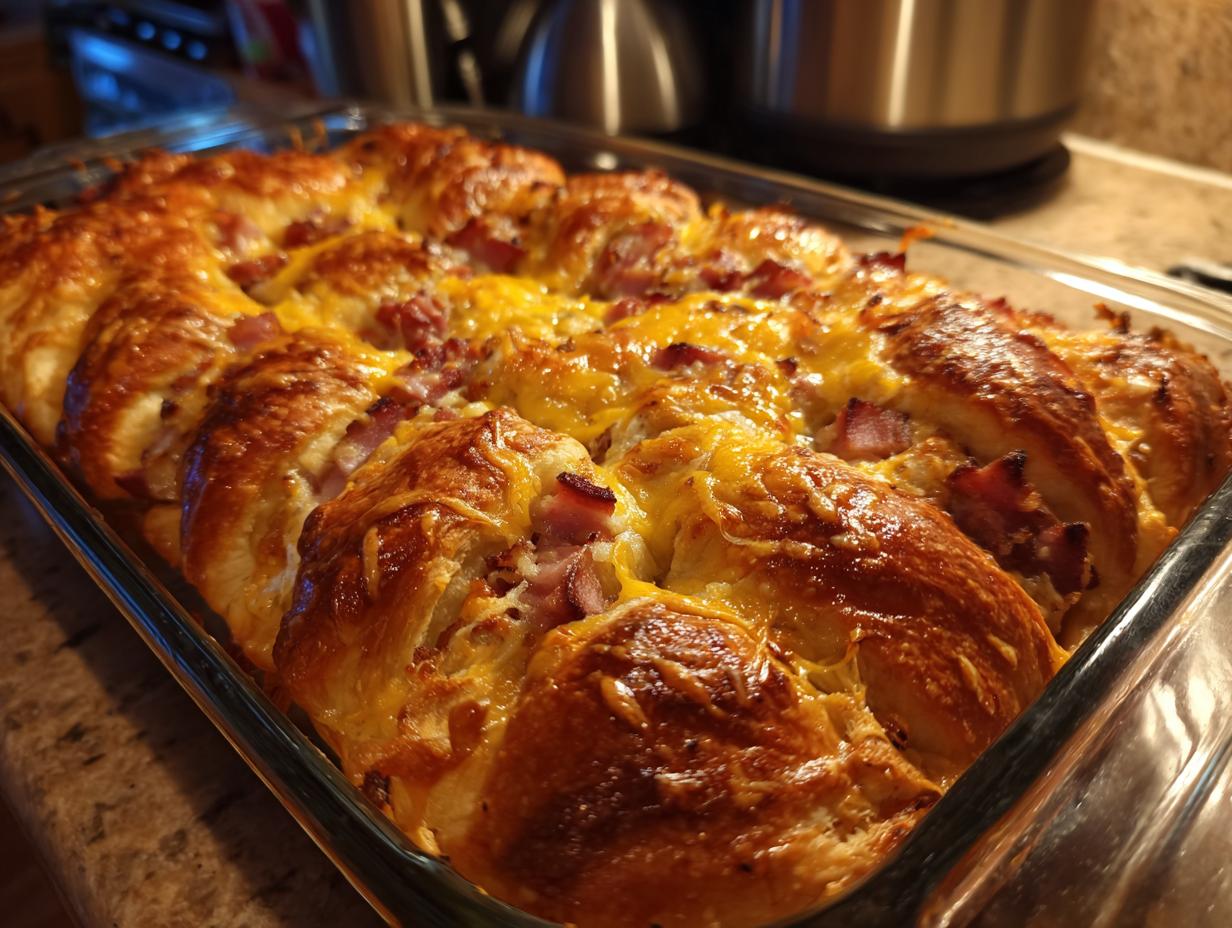 Golden brown baked ham and cheese croissant casserole in a glass dish, perfect for breakfast ideas.