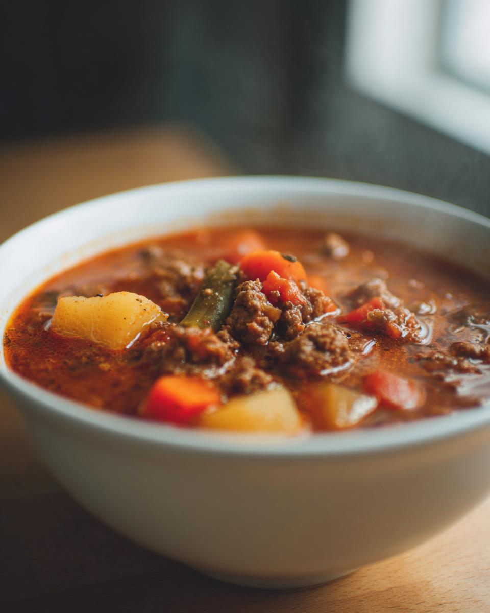 A steaming bowl of hearty hamburger soup made with ground beef, potatoes, carrots, and tomatoes.