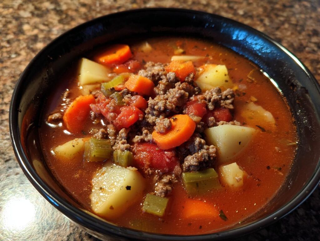 A close-up of a bowl of hearty hamburger soup with ground beef, potatoes, carrots, and tomatoes.