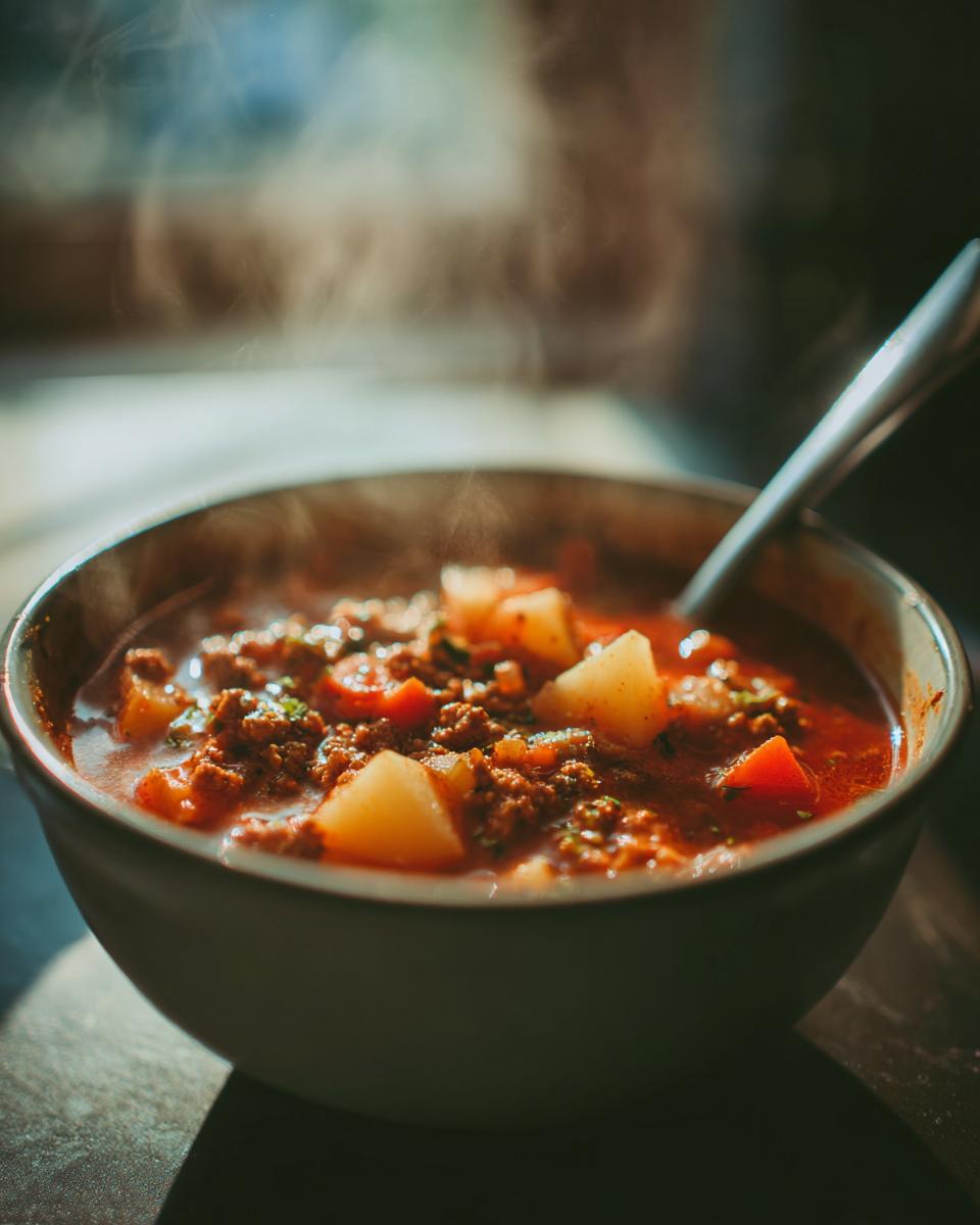 A steaming bowl of hamburger soup with chunks of potatoes, ground beef, and carrots, perfect for comfort food.