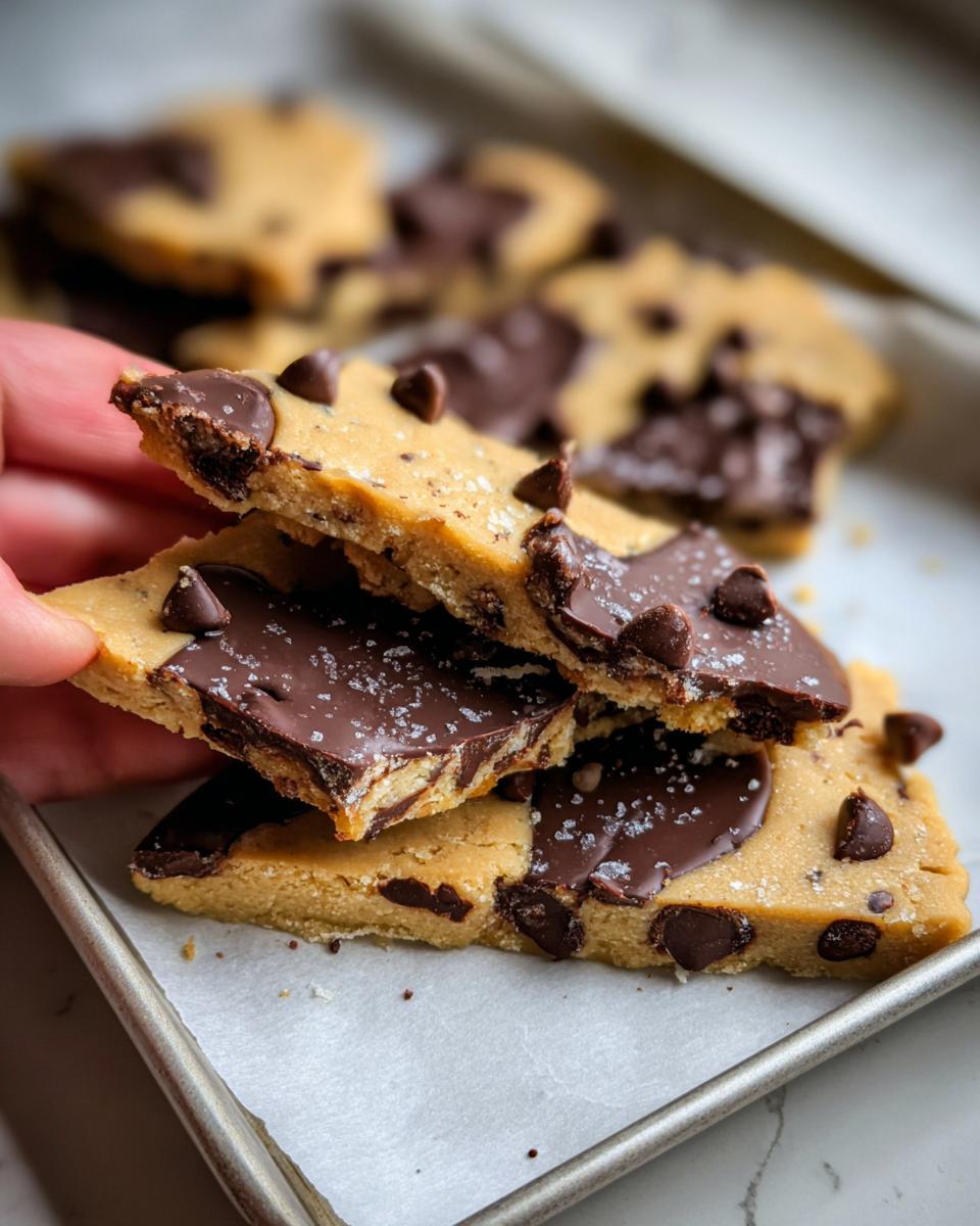 A hand holding pieces of Healthy Cookie Dough Bark topped with melted chocolate and chocolate chips.