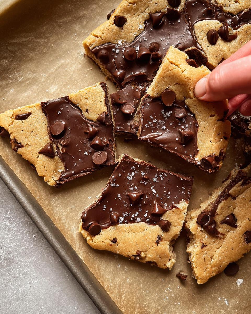 A hand reaching for a piece of Healthy Cookie Dough Bark topped with chocolate chips and sea salt.
