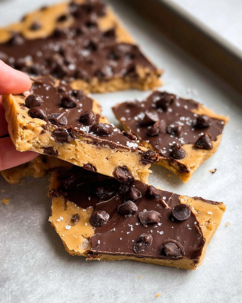 A close-up of a hand holding a piece of Healthy Cookie Dough Bark topped with chocolate chips and sea salt.