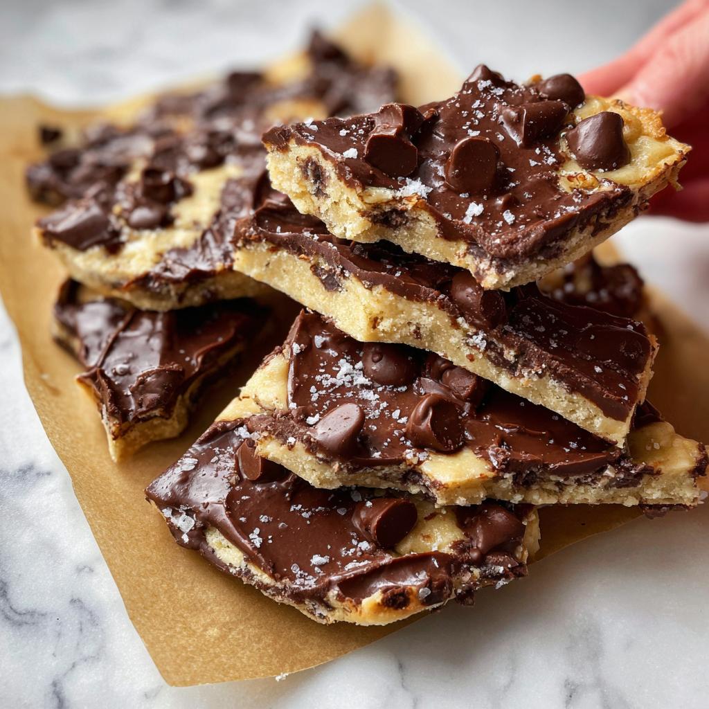 A stack of delicious Healthy Cookie Dough Bark pieces topped with chocolate chips and sea salt.