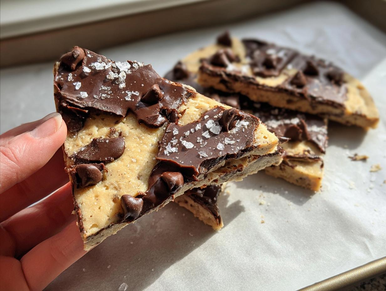 A hand holding a slice of healthy cookie dough bark topped with chocolate chips and sea salt.