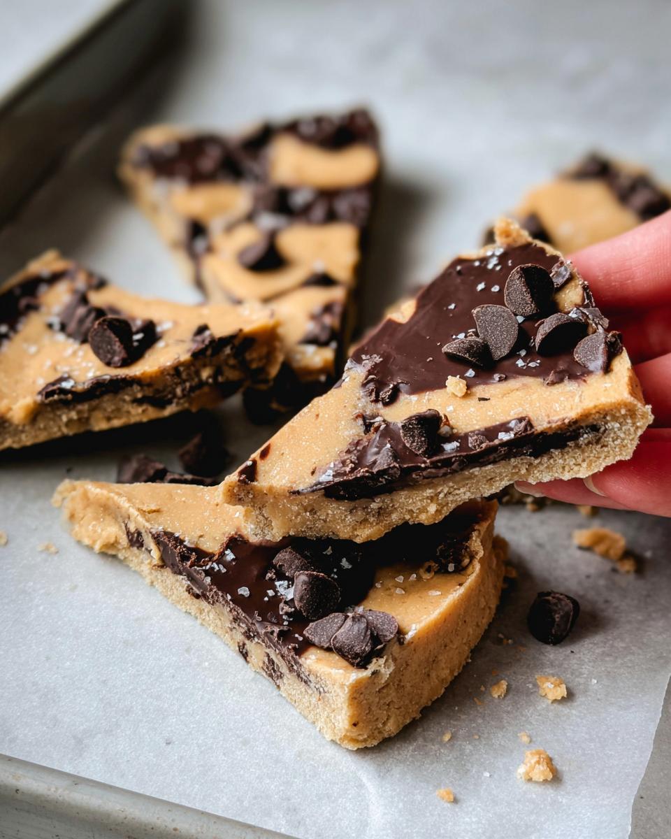 Close-up of triangular slices of Healthy Cookie Dough Bark, topped with chocolate chips and sea salt.