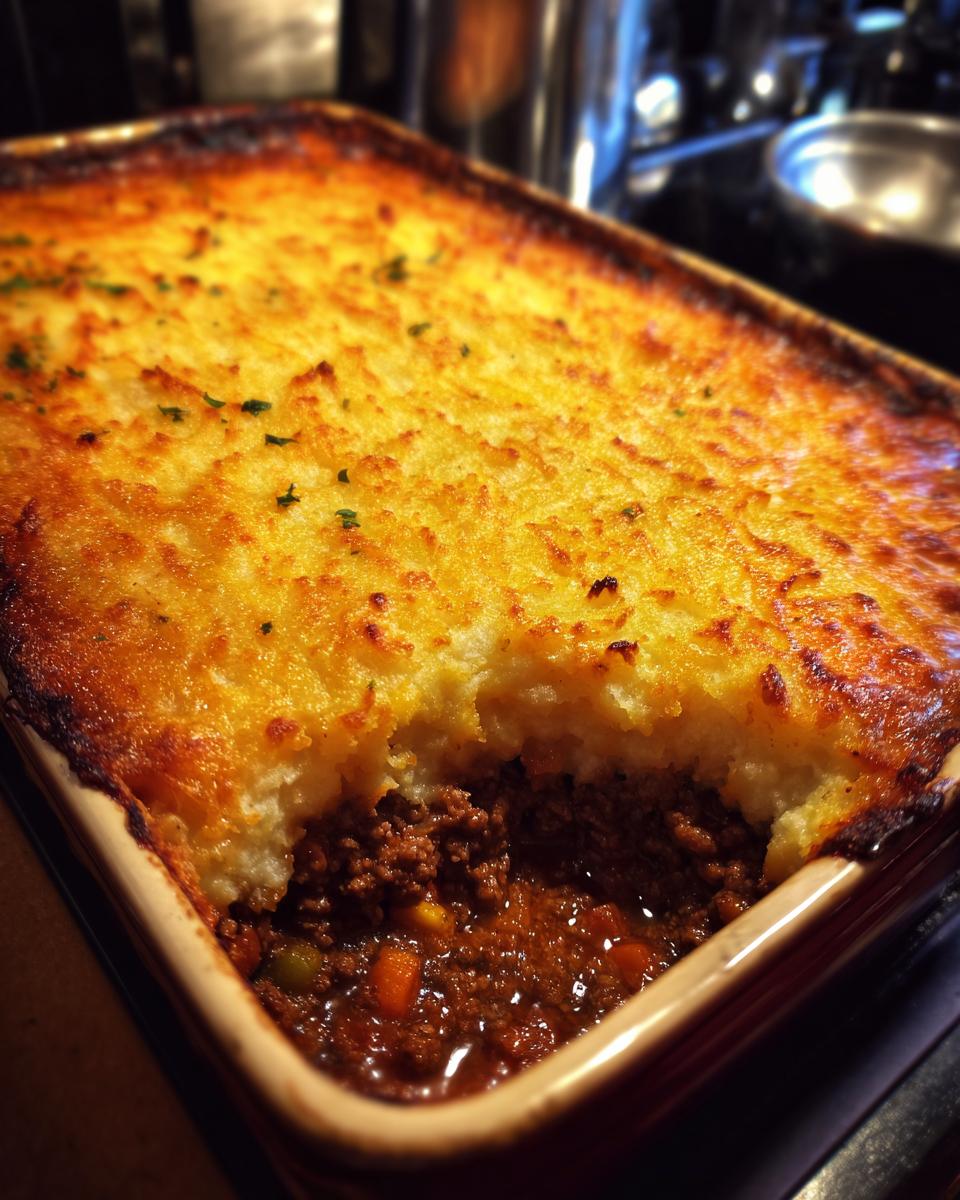 A close-up of a rich and hearty Shepherd's Pie made with ground beef, topped with golden mashed potatoes.