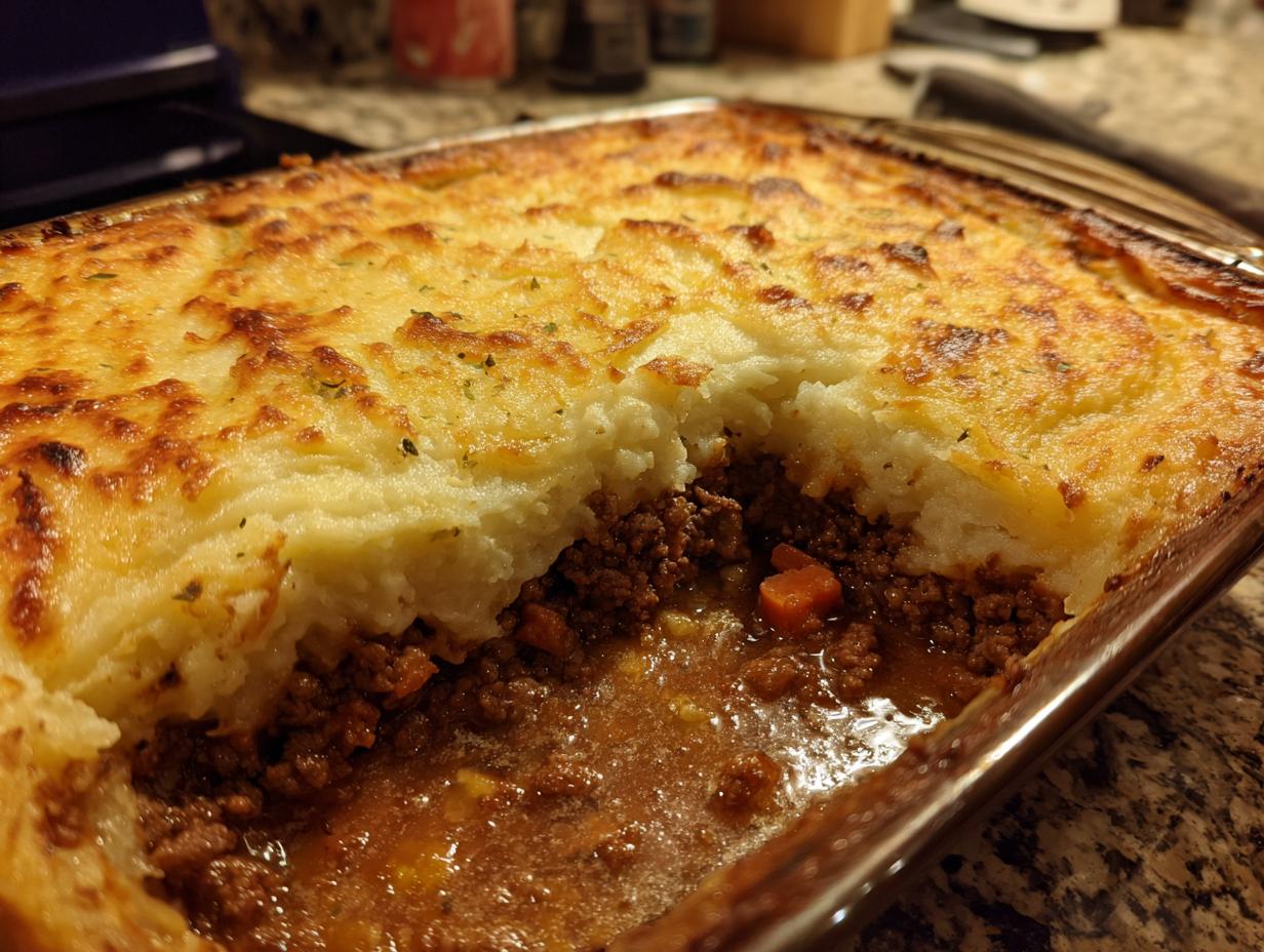 A close-up of a rich and hearty Shepherd's Pie, featuring a layer of seasoned ground beef and vegetables topped with golden-brown mashed potatoes.