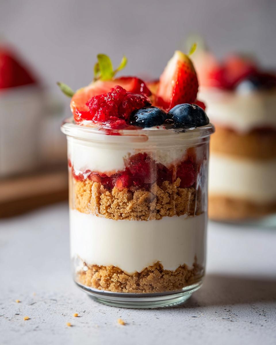 Close-up of a High Protein Cheesecake Jar layered with cookie crumbs, cream, and fresh berries.