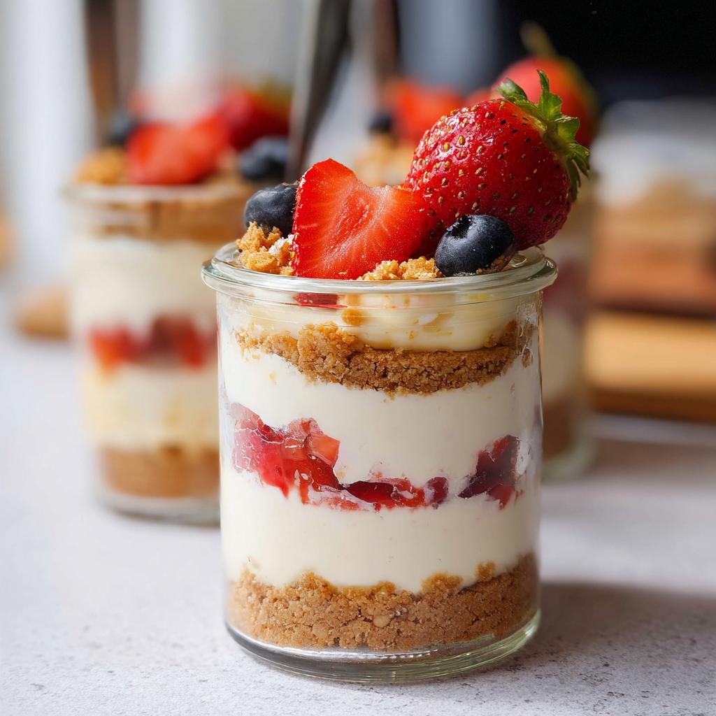 Close-up of a High Protein Cheesecake Jar layered with creamy filling, berry compote, and a graham cracker crust, topped with fresh strawberries and blueberries.