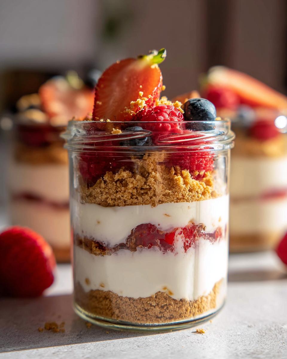 Close-up of a High Protein Cheesecake Jar layered with graham cracker crumbs, creamy filling, and fresh berries like strawberries and blueberries.