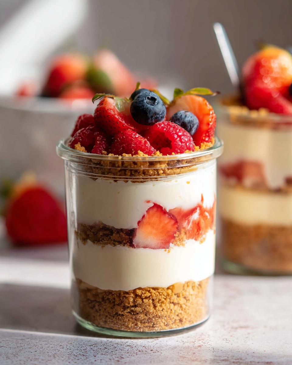 Close-up of a High Protein Cheesecake Jar layered with graham cracker crust, creamy filling, strawberries, and topped with fresh berries.
