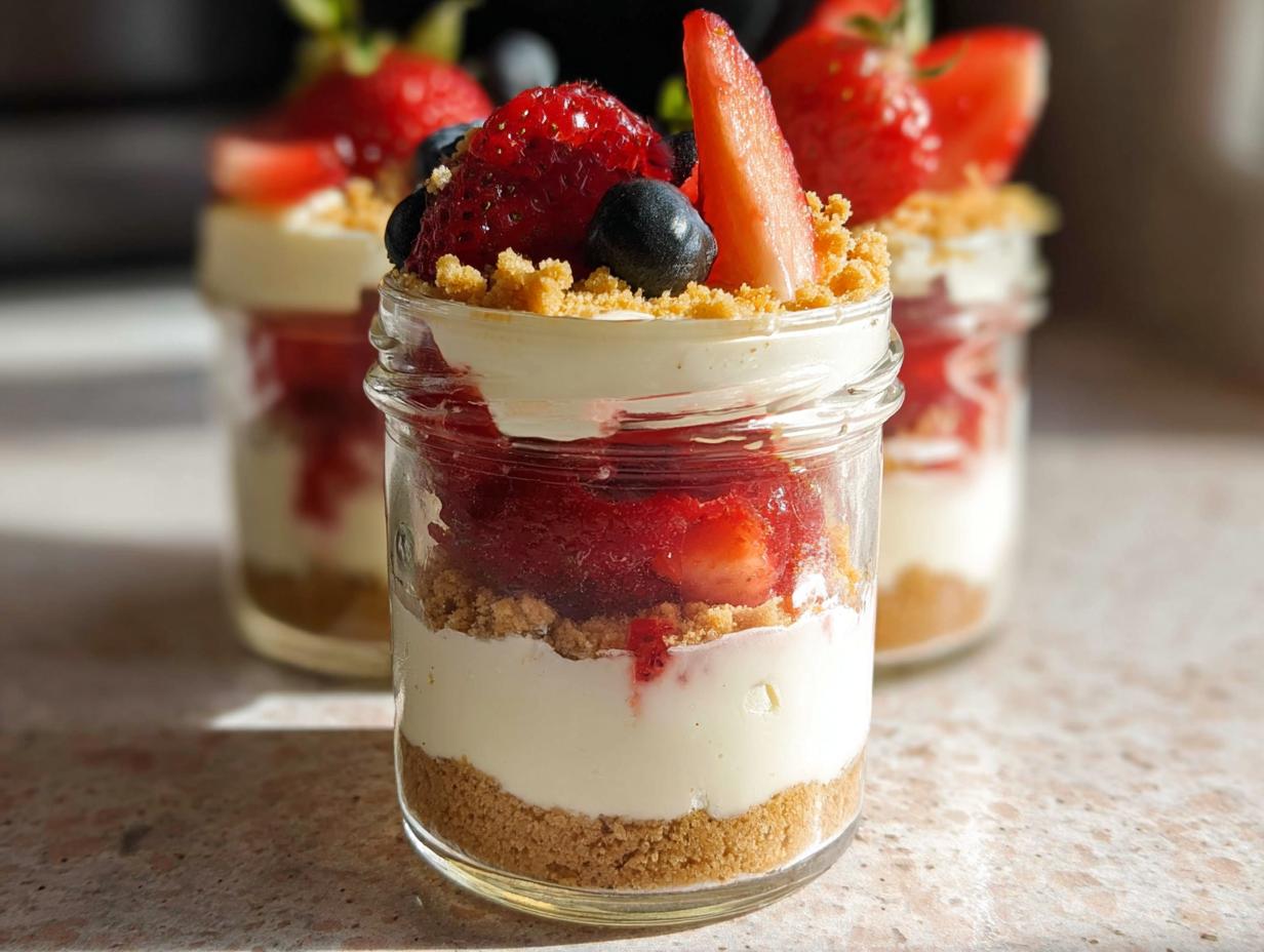 Close-up of a high protein cheesecake jar layered with graham cracker crust, creamy filling, and fresh strawberries and blueberries.