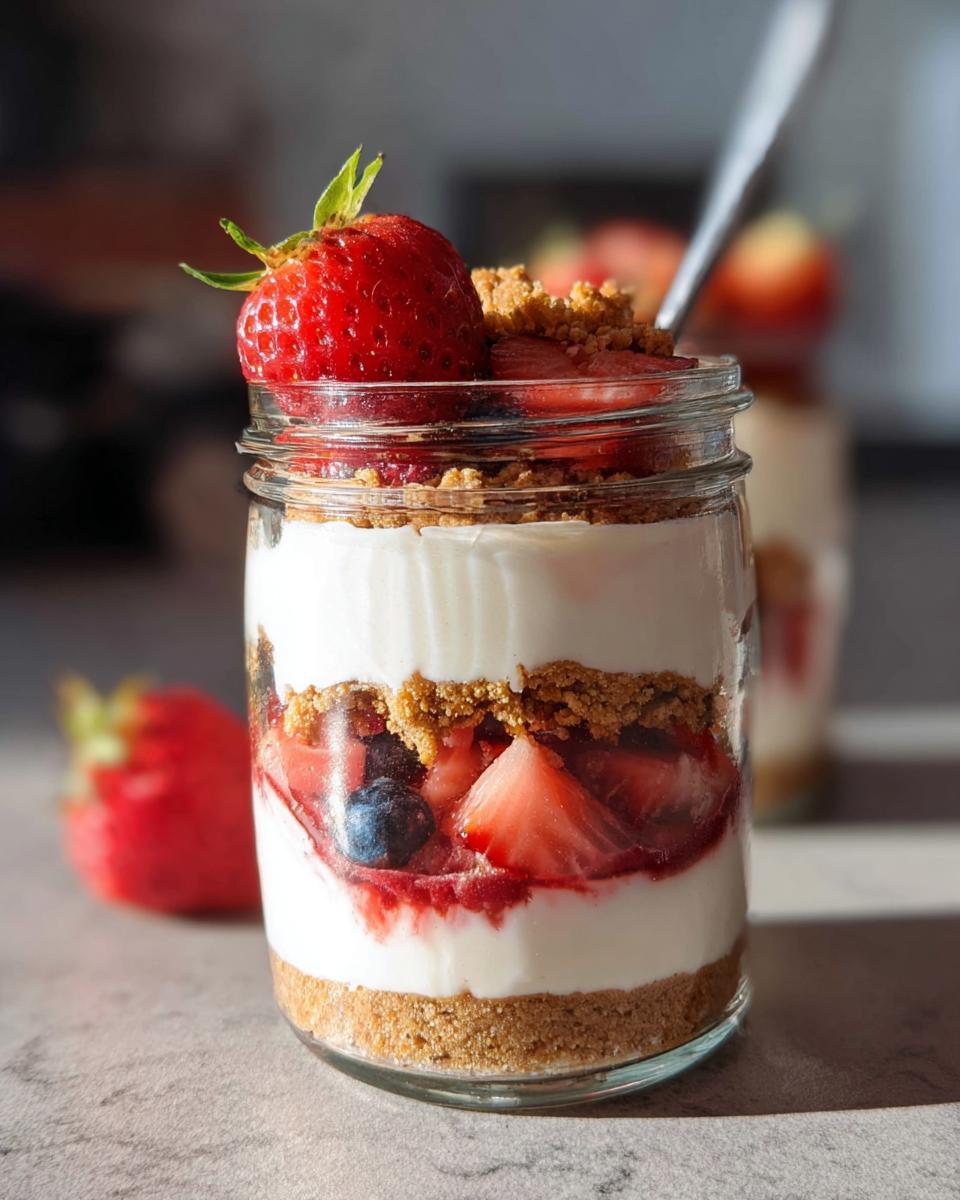 A delicious High Protein Cheesecake Jar layered with creamy filling, fresh strawberries, blueberries, and a crumb topping.