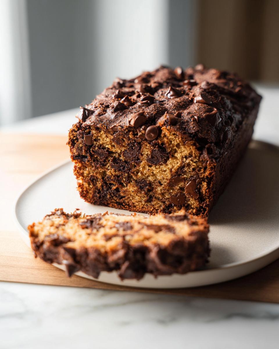 A loaf of High Protein Chocolate Banana Bread with a slice cut, revealing abundant chocolate chips throughout.