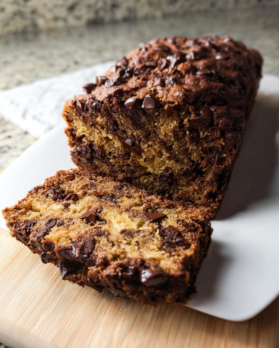 A loaf of High Protein Chocolate Banana Bread, sliced to reveal chocolate chips and moist crumb.