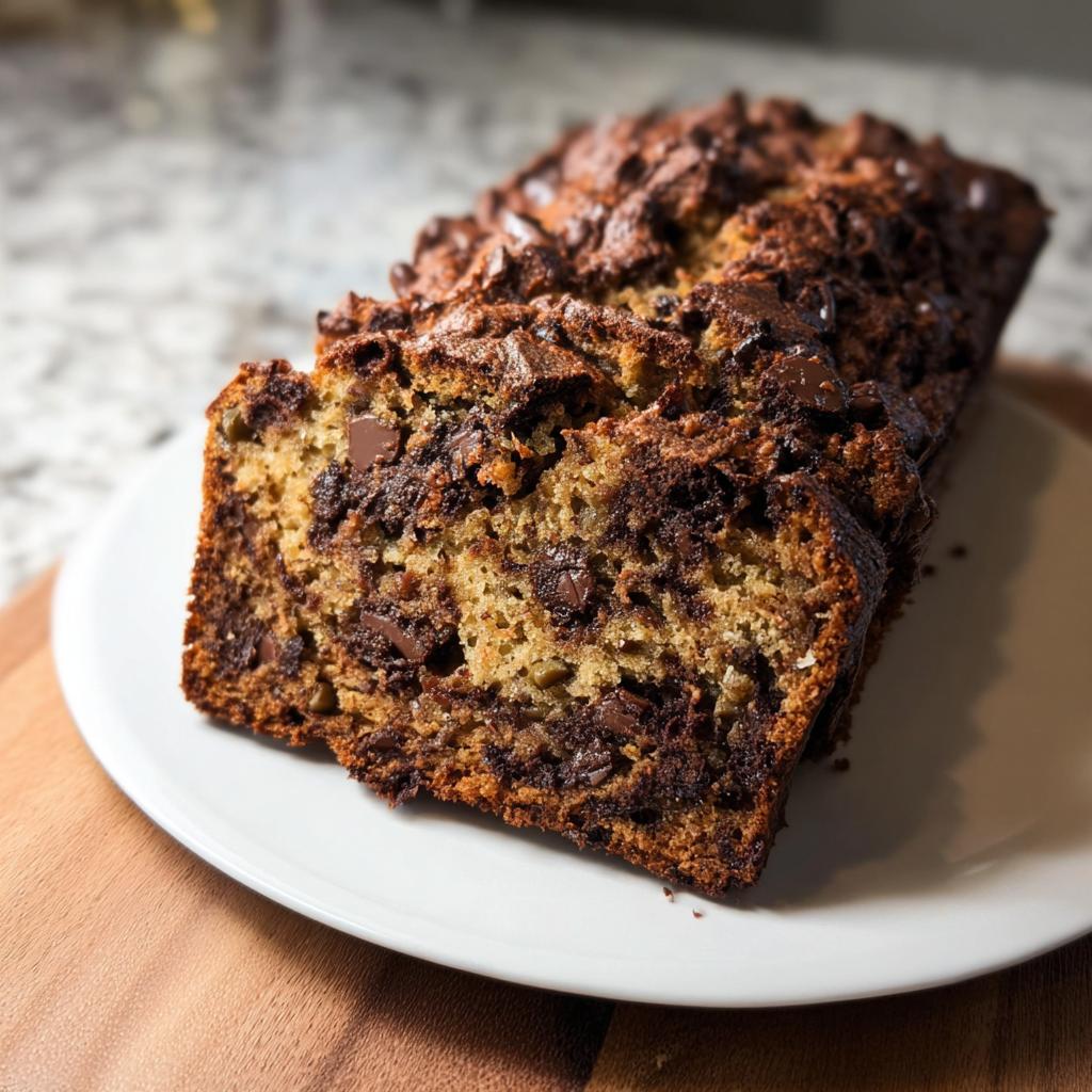 A close-up of a slice of High Protein Chocolate Banana Bread, showing chunks of chocolate and a moist crumb.