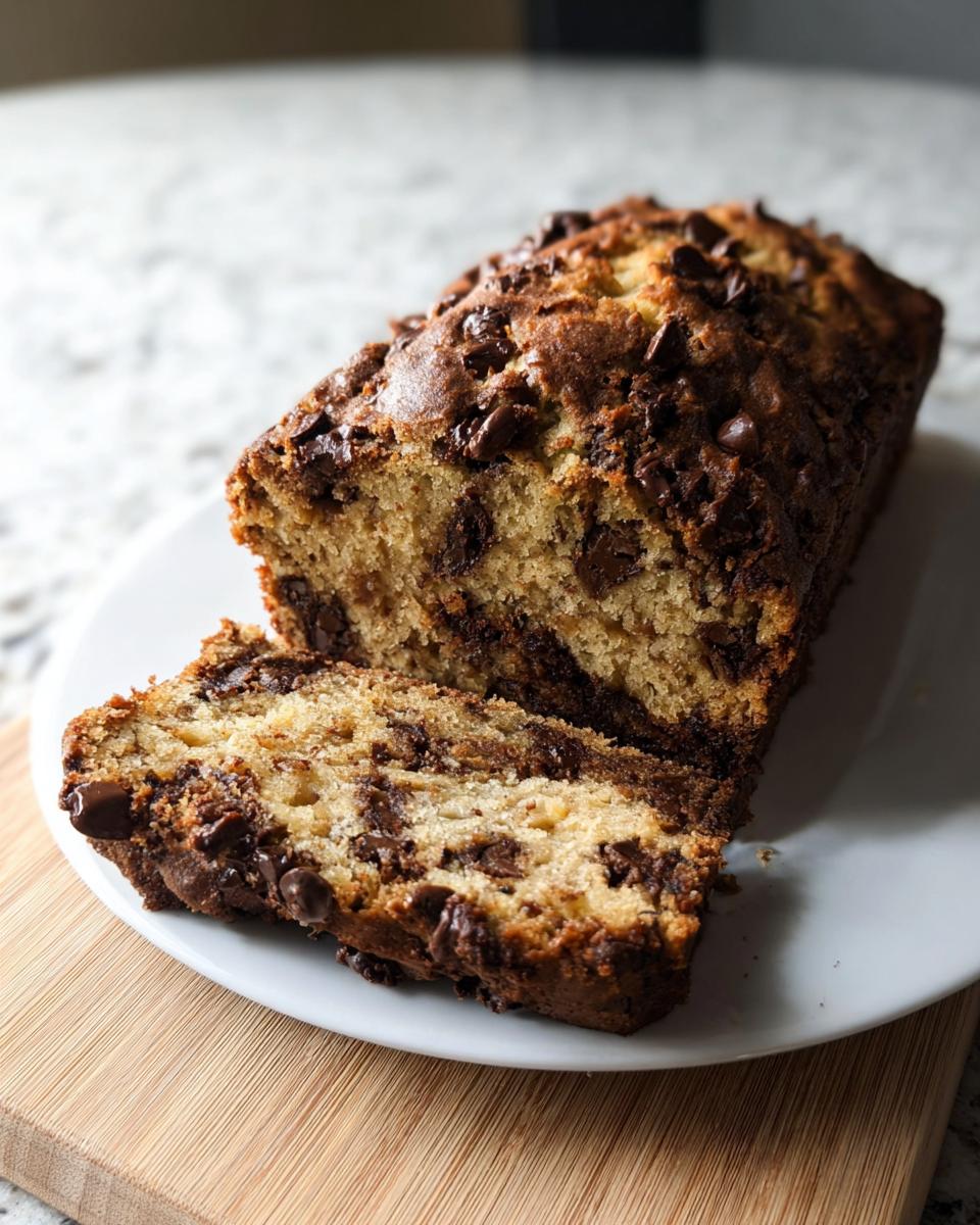 A slice of moist High Protein Chocolate Banana Bread loaded with chocolate chips.